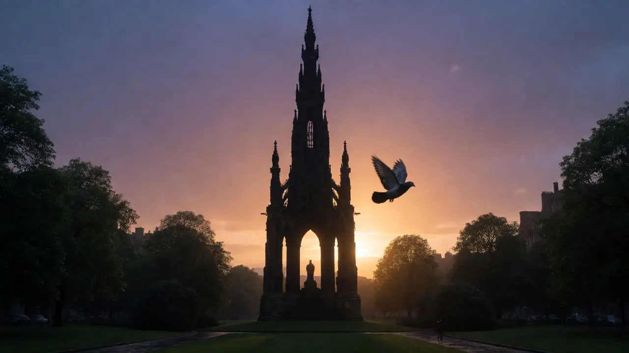 Silhouette of the Scott Monument against a twilight sky with a bird flying past in Edinburgh.