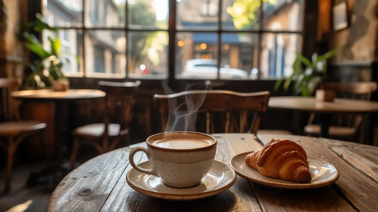 Steaming coffee cup and pastry on a wooden table in a cozy cafe overlooking Dean Village streets