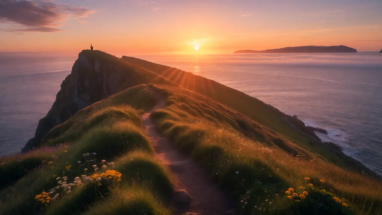 Sunset view of the cliffs and sea at John o' Groats in northern Scotland