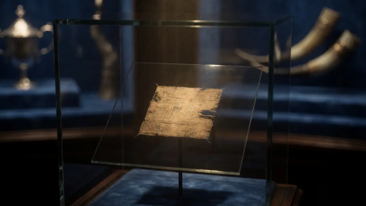 The ancient Fairy Flag relic displayed in a glass case at Dunvegan Castle, illuminated against a dark background.