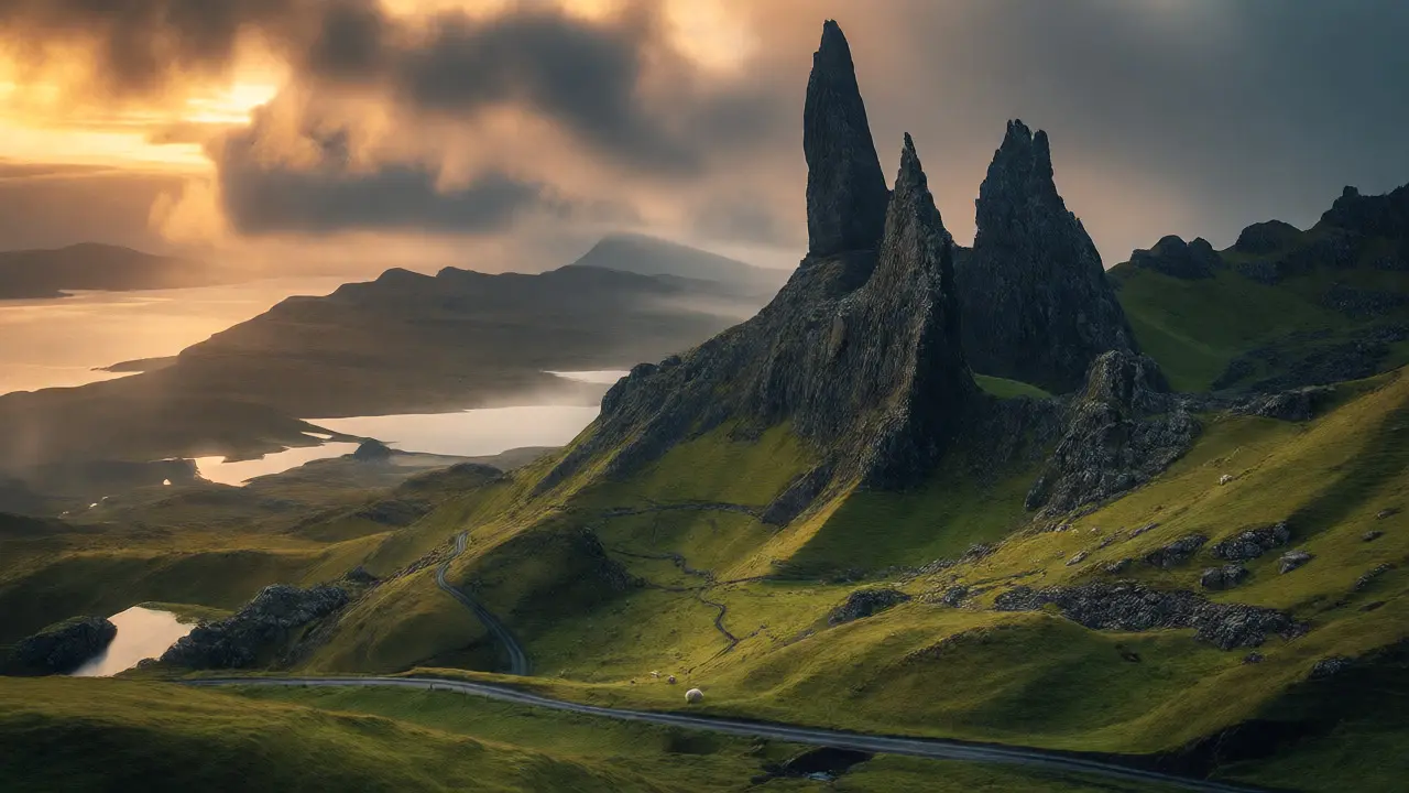 The Old Man of Storr rock formation illuminated by sunrise on Skye