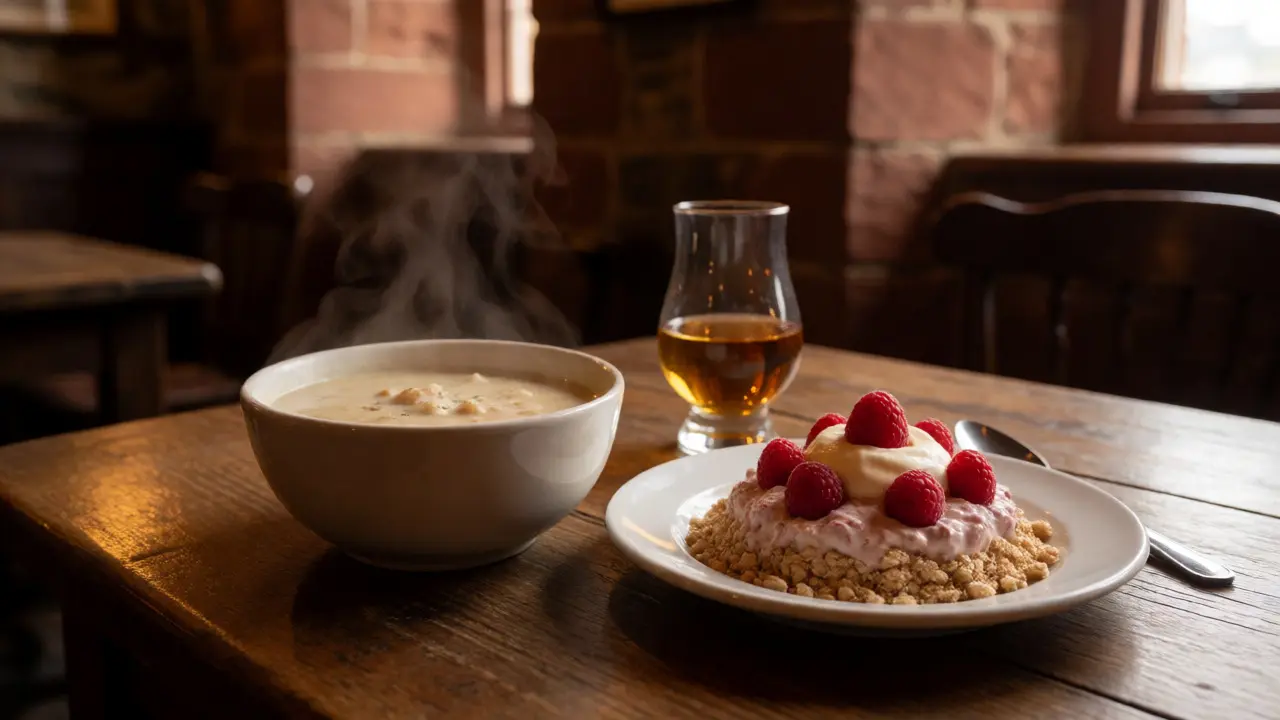 Traditional Scottish meal with soup and cranachan