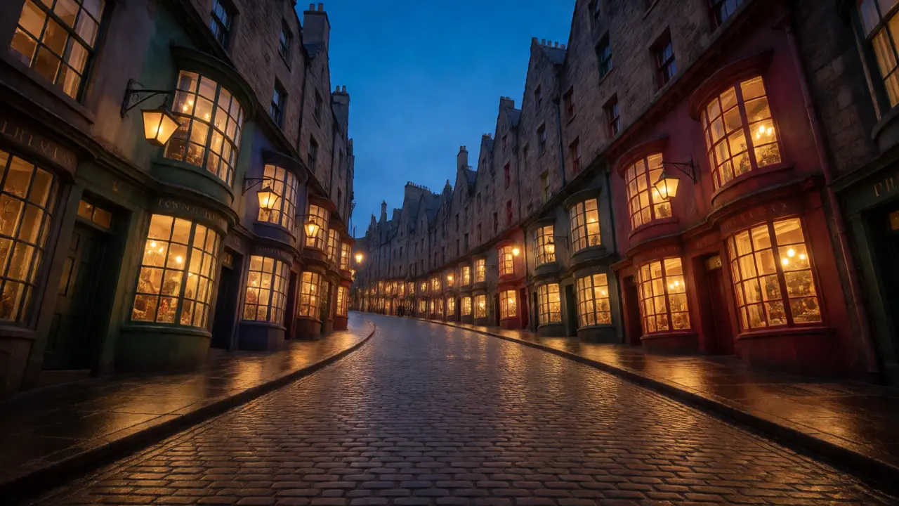 Twilight view of Victoria Street's curved, colorful shopfronts glowing with warm light in Edinburgh.