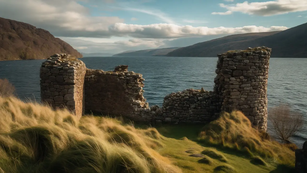 Urquhart Castle ruins overlooking the dark waters of Loch Ness