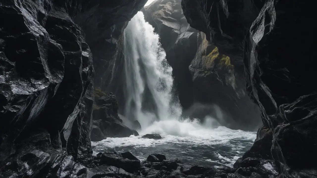 Waterfall cascading inside the limestone walls of Smoo Cave at Durness