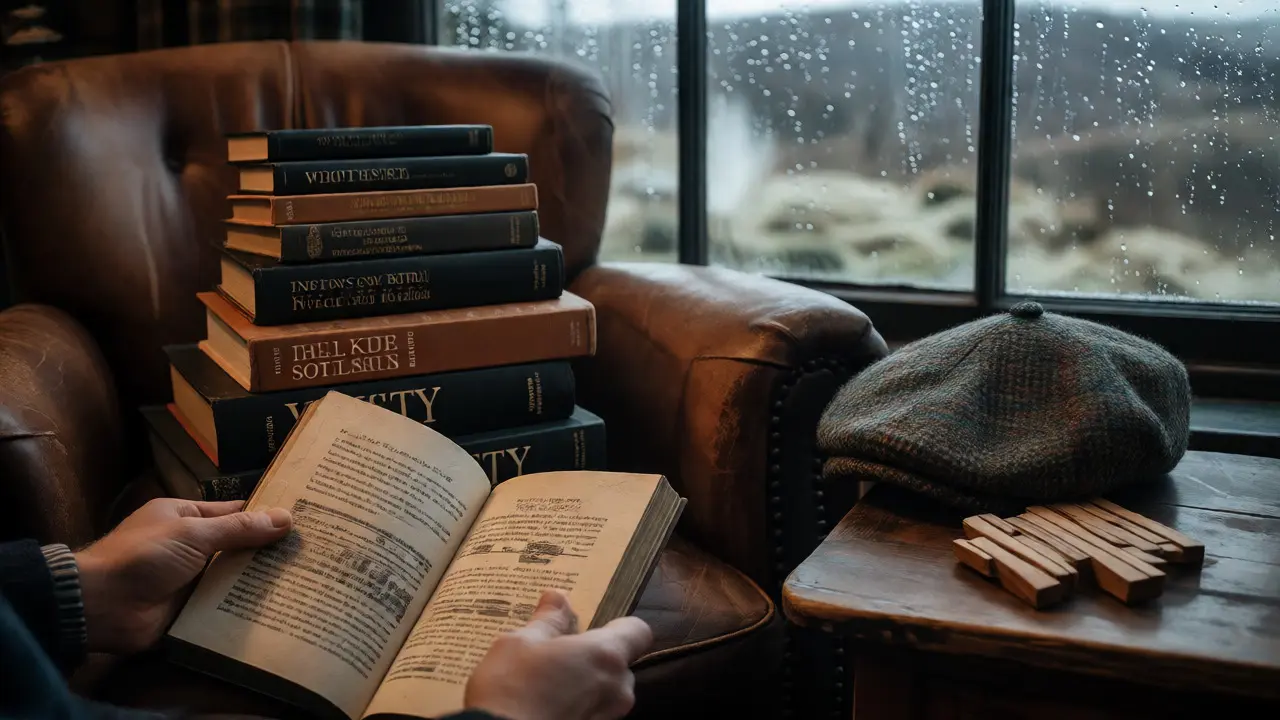 Whisky history books and a Harris Tweed cap in a cozy Highland reading nook.