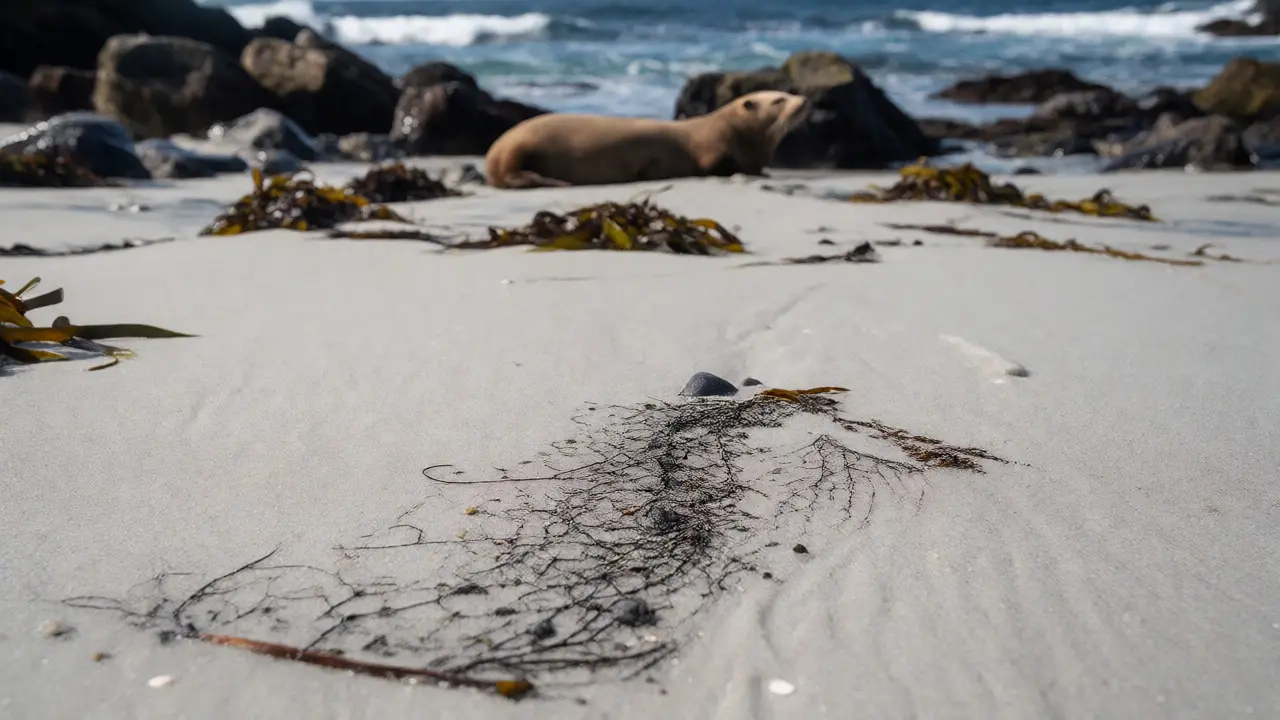 Wildlife resting on the rocky shore of Traigh Mhor beach amidst fine white sand and seaweed.