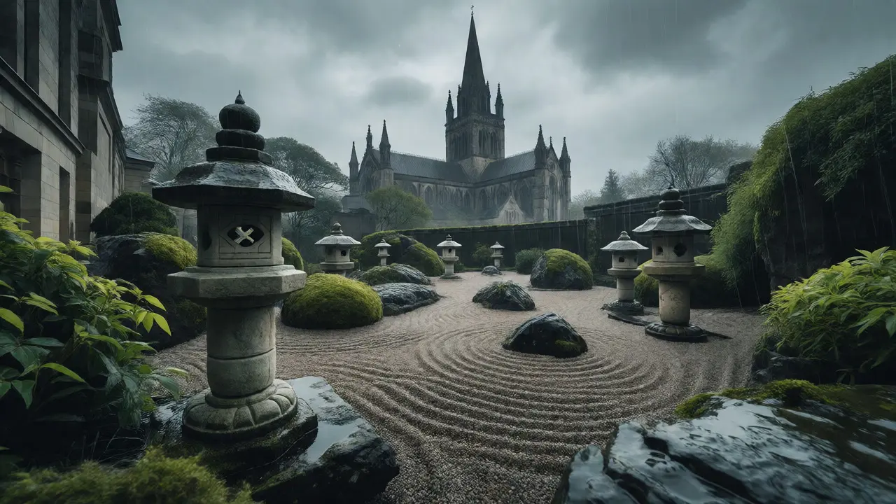 Zen garden with stone lanterns and cathedral spires in rainy Glasgow