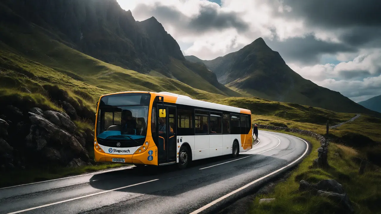 A yellow bus travels along a narrow winding road with mountains in the background on Skye.