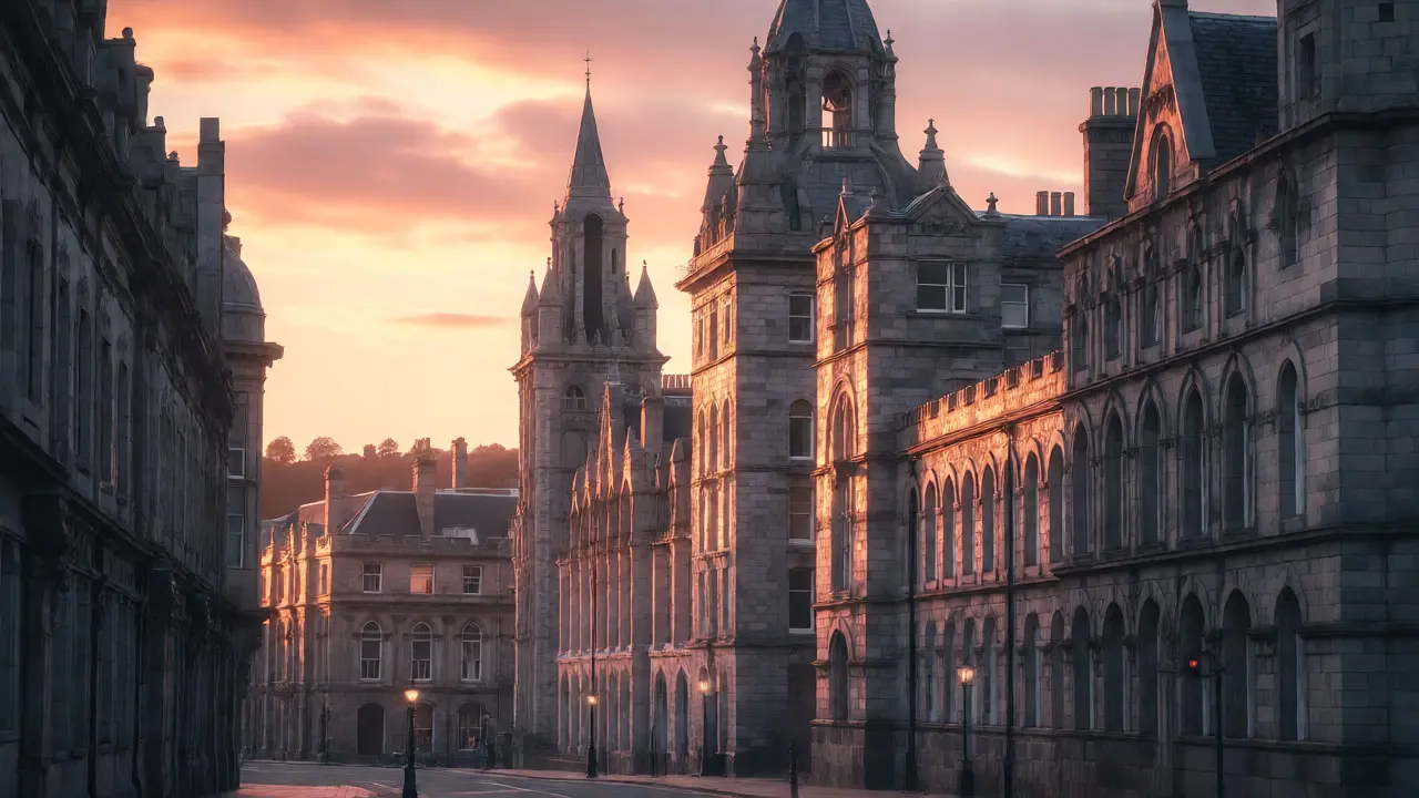 Aberdeen's granite buildings glowing pink at sunset in the city center