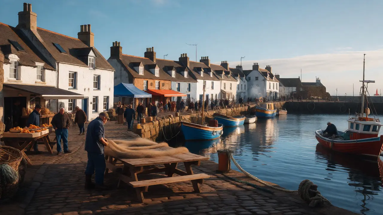 Anstruther harbor with fishermen mending nets and historic cottages