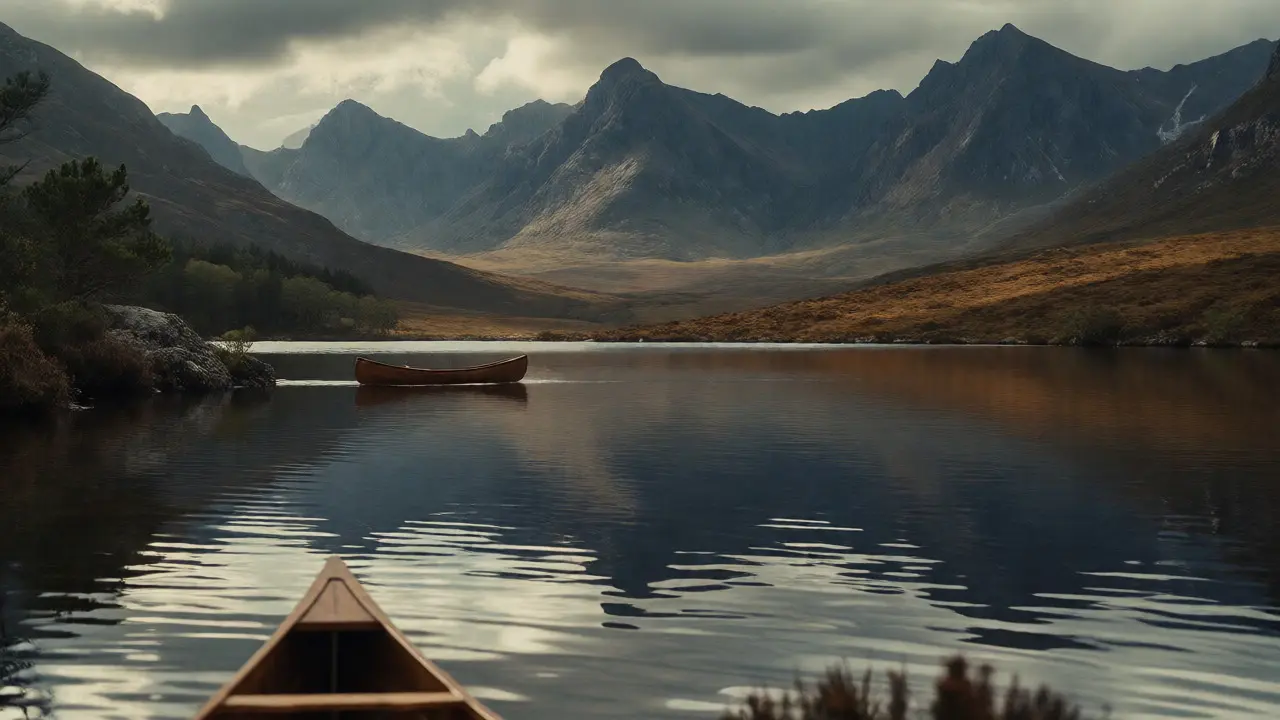 Canoe on Loch Laggan with mountains
