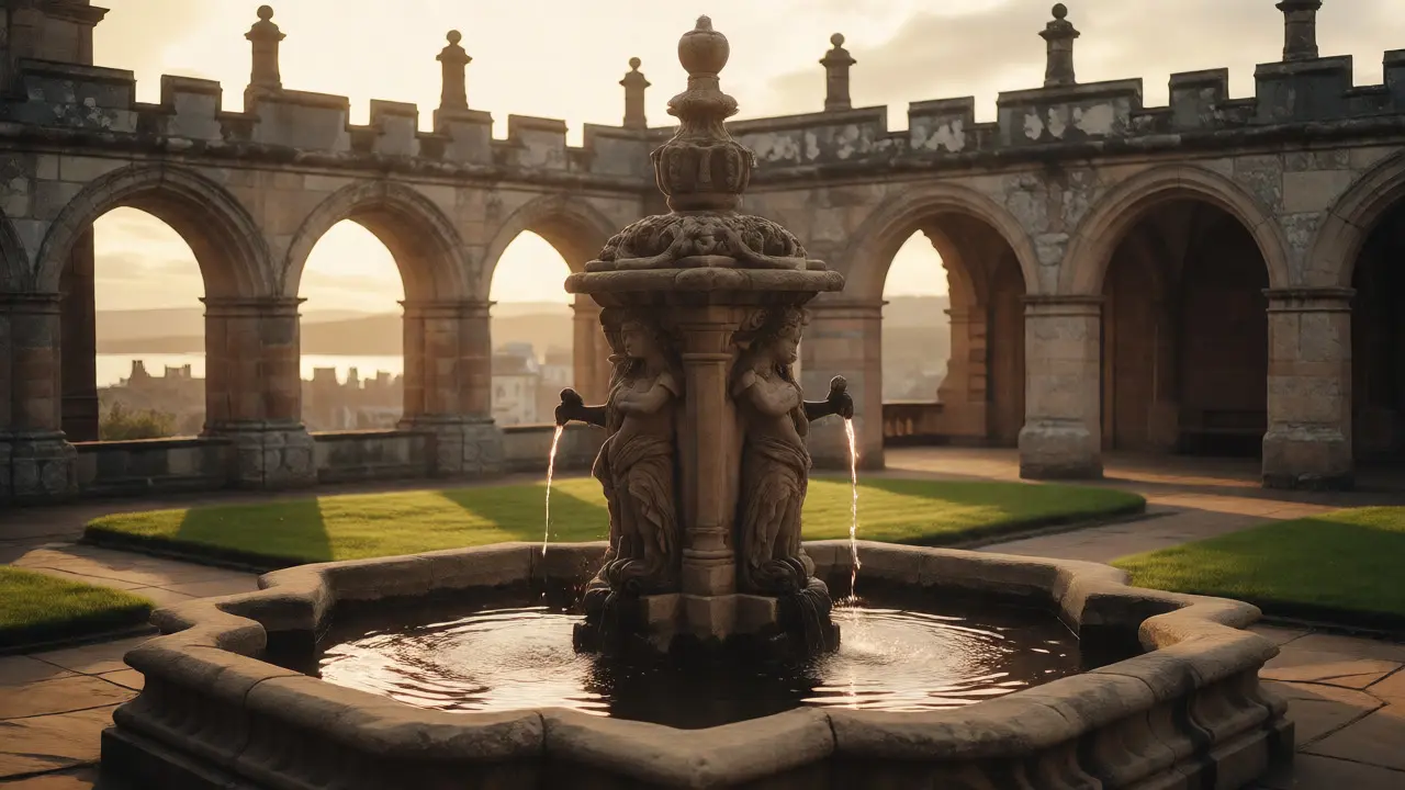 Central fountain courtyard of Linlithgow Palace with flowing water