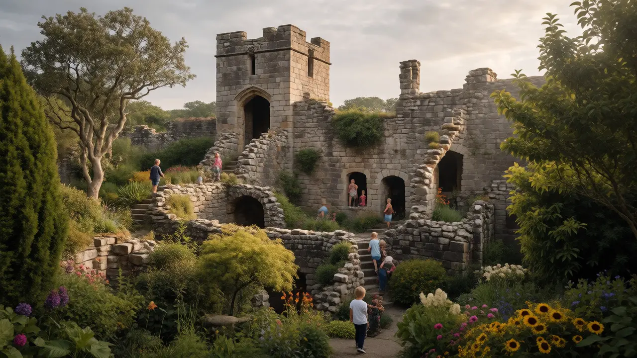 Children exploring the stone ruins and Victorian gardens of Dirleton Castle in Scotland.