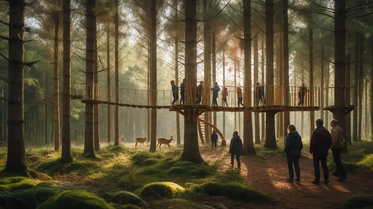 Children playing on tree structures with deer nearby