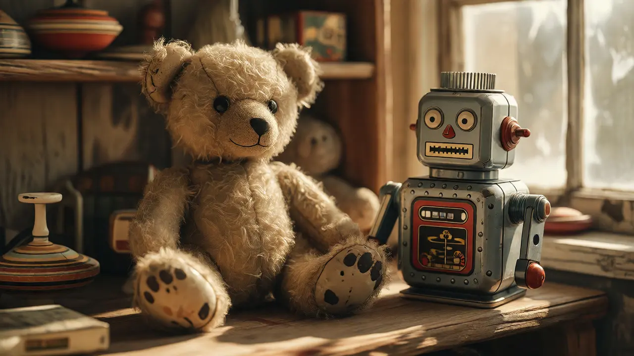 Close-up of a vintage teddy bear and tin robot on a museum shelf bathed in soft light.
