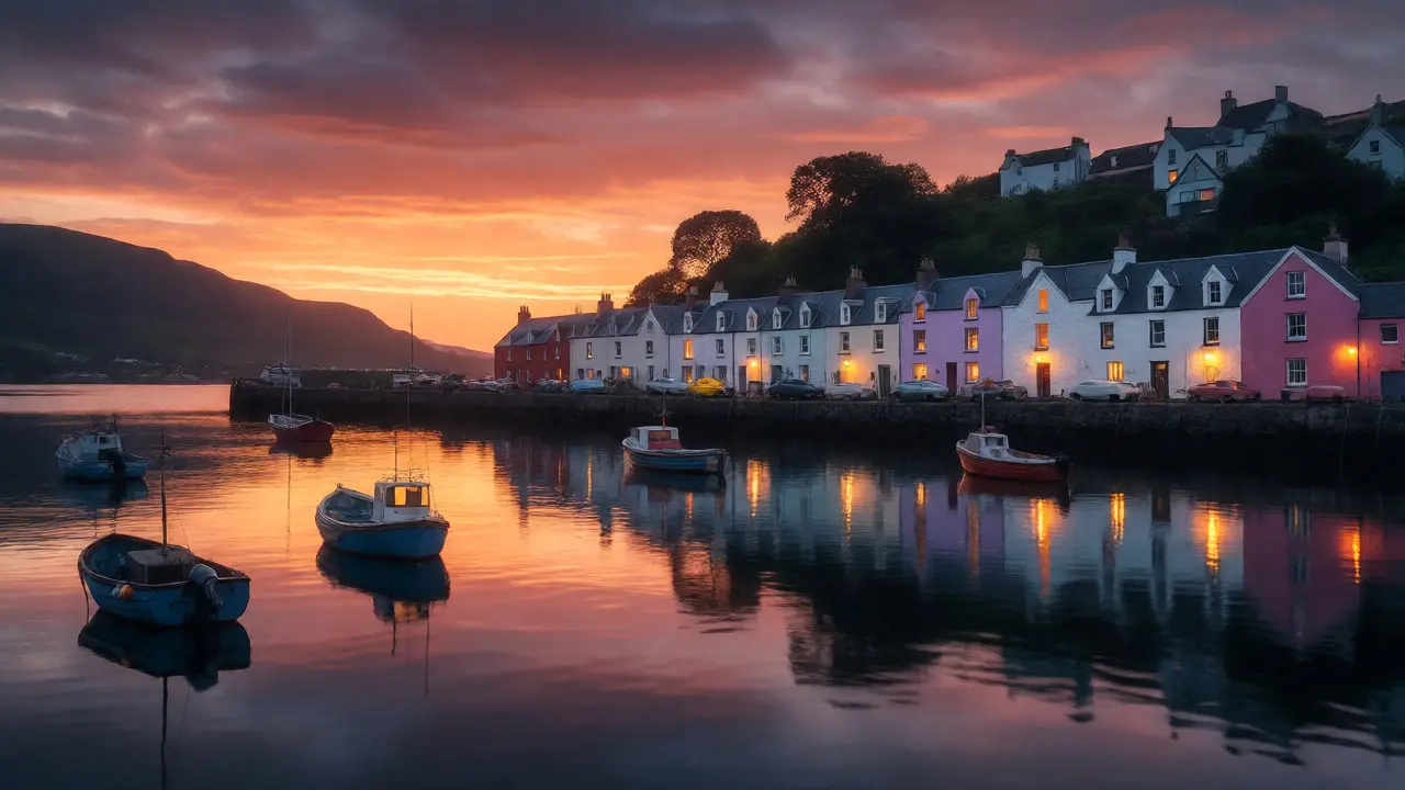 Colorful houses of Tobermory harbor reflecting in the water at sunset.