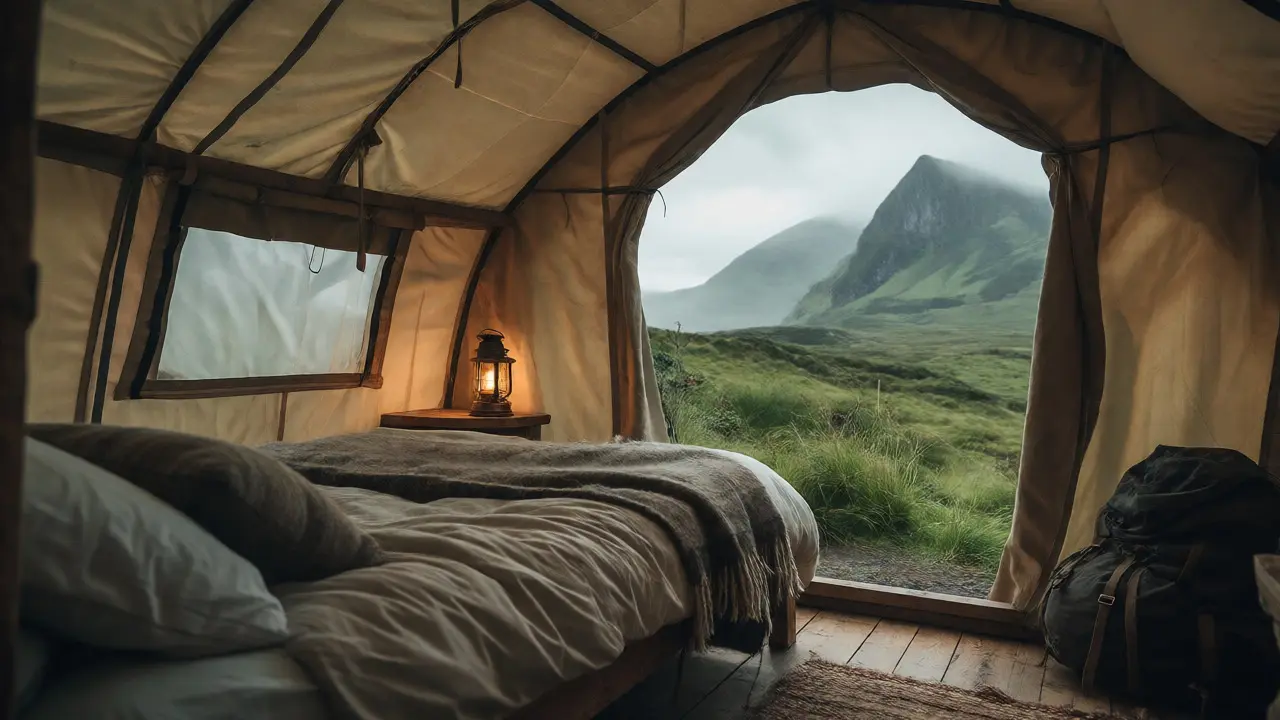Cozy interior of a glamping pod overlooking the Scottish Highlands