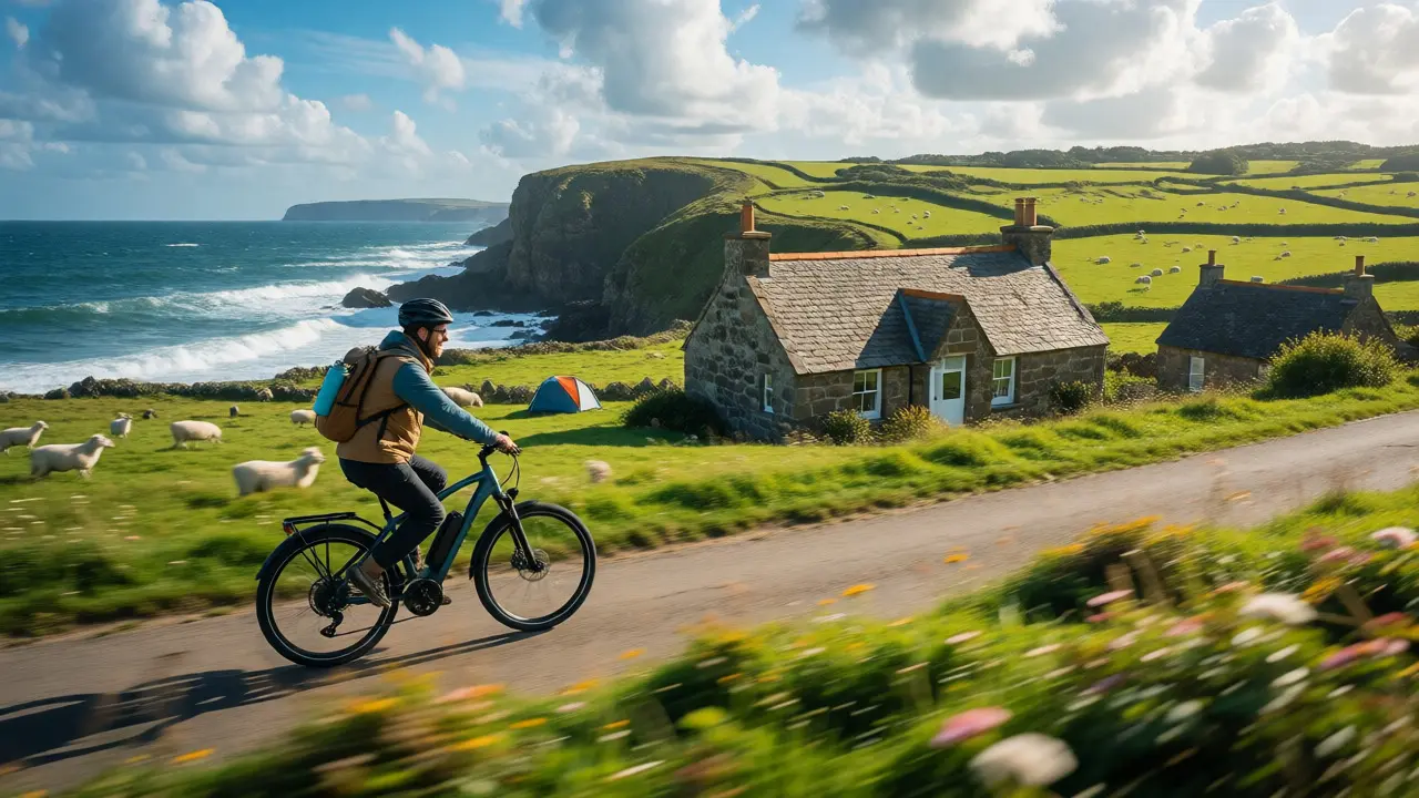Cyclist exploring coastal Scotland near an eco-lodge