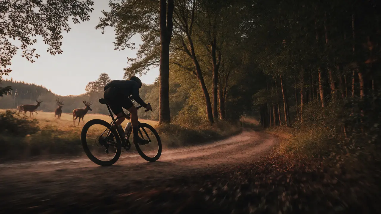 Cyclist riding a gravel bike past red deer on a forest road on the Isle of Arran.