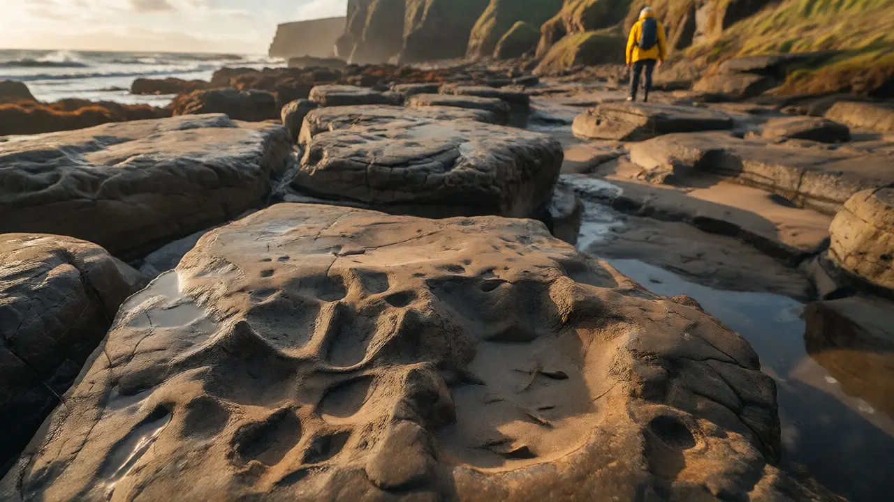 Dinosaur footprints on sandstone rocks at Staffin Bay coast
