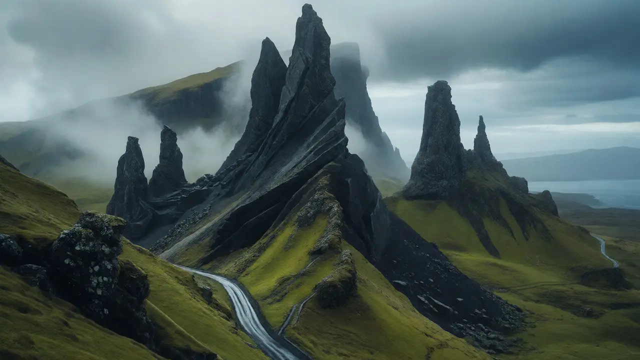 Dramatic basalt rock formations of the Quiraing in mist