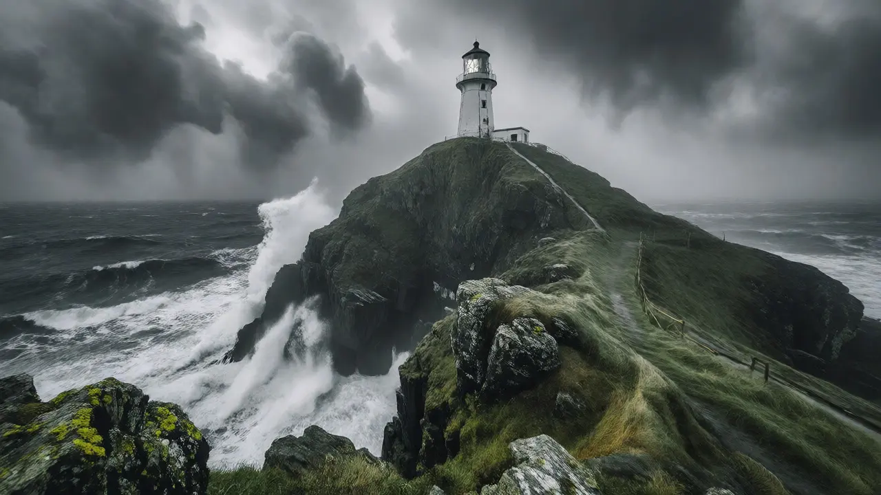 Elie Ness lighthouse on a stormy cliff edge with crashing waves
