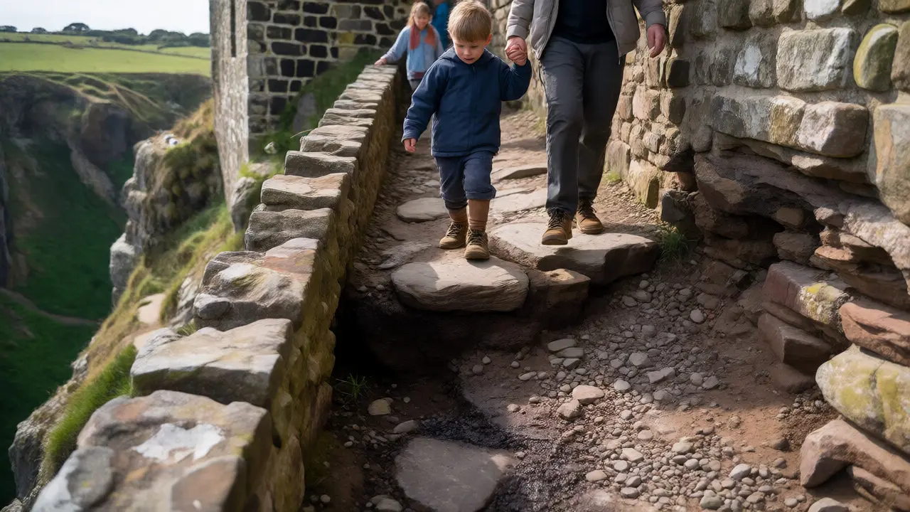 Family carefully walking on uneven paths beside castle ruins