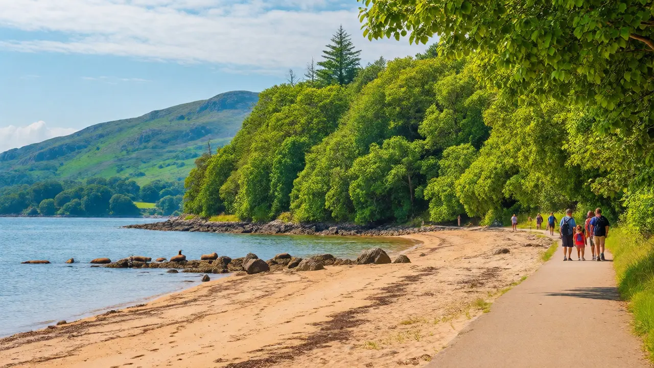 Family walking a coastal path at Lamlash Bay with seals resting on nearby rocks.