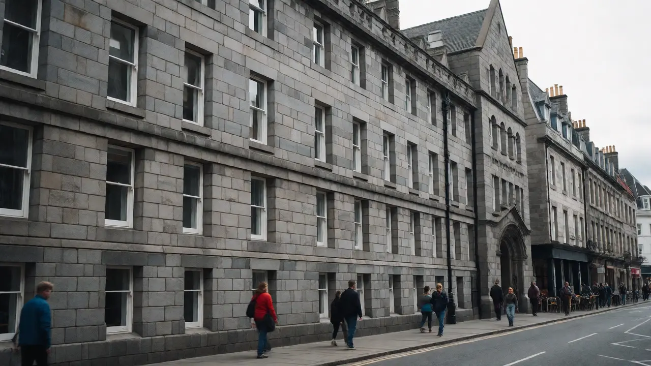 Granite facades of Marischal College and Union Street in Aberdeen, Scotland.