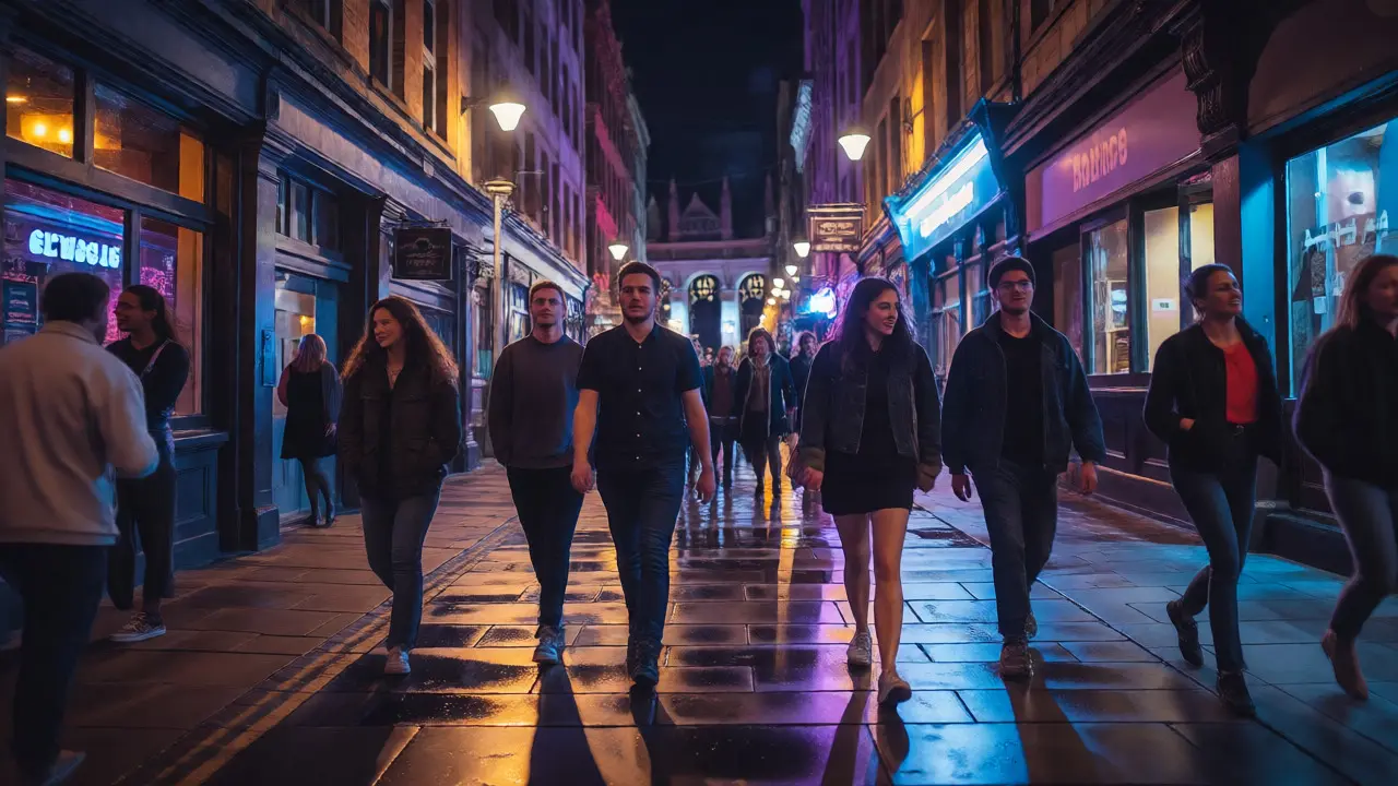 Group walking through Glasgow's vibrant West End streets at night