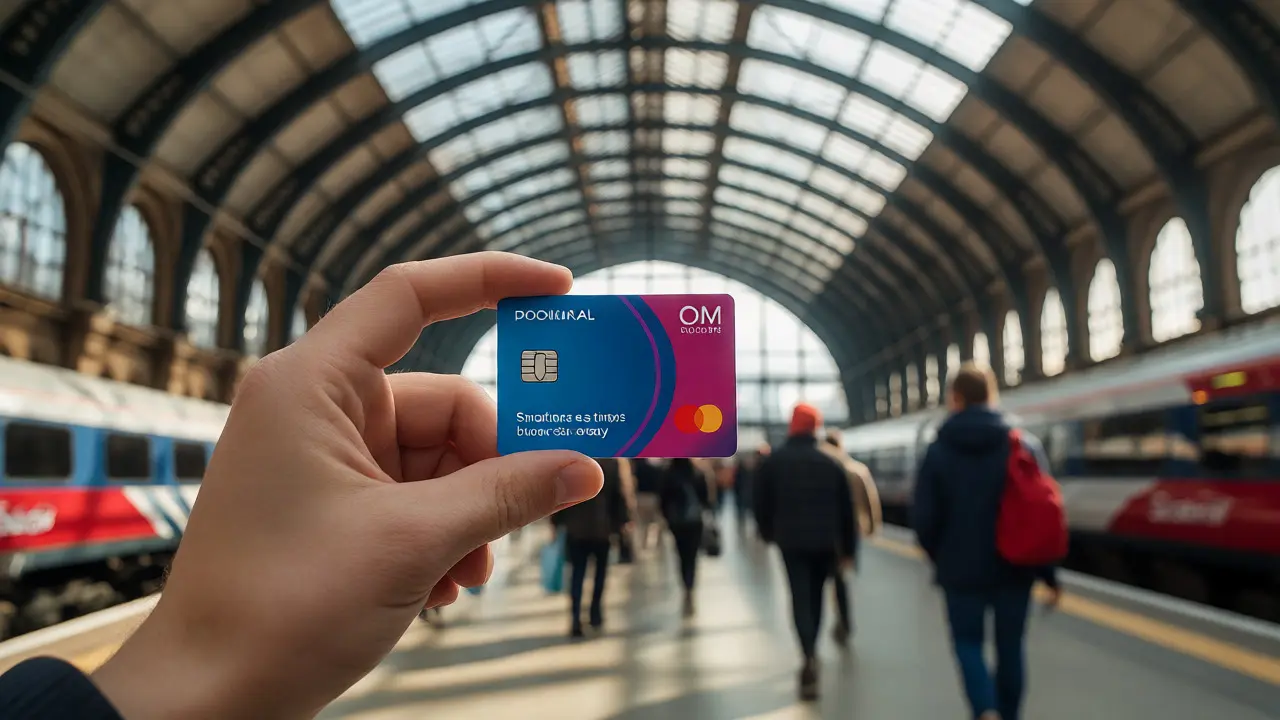 Hand holding a Glasgow Smartcard in front of the historic Glasgow Central Station architecture.