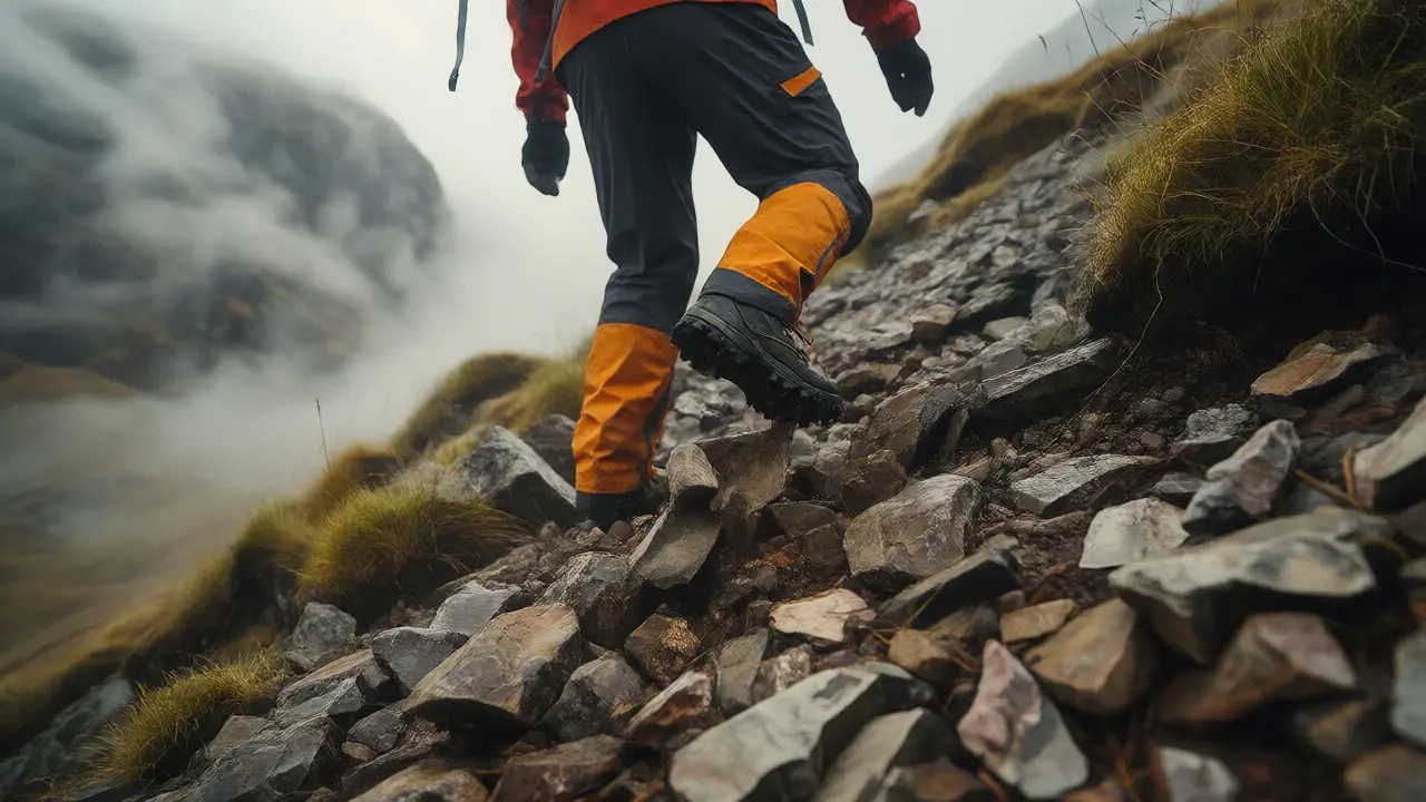Hiker navigating loose scree slopes in foggy Glencoe weather
