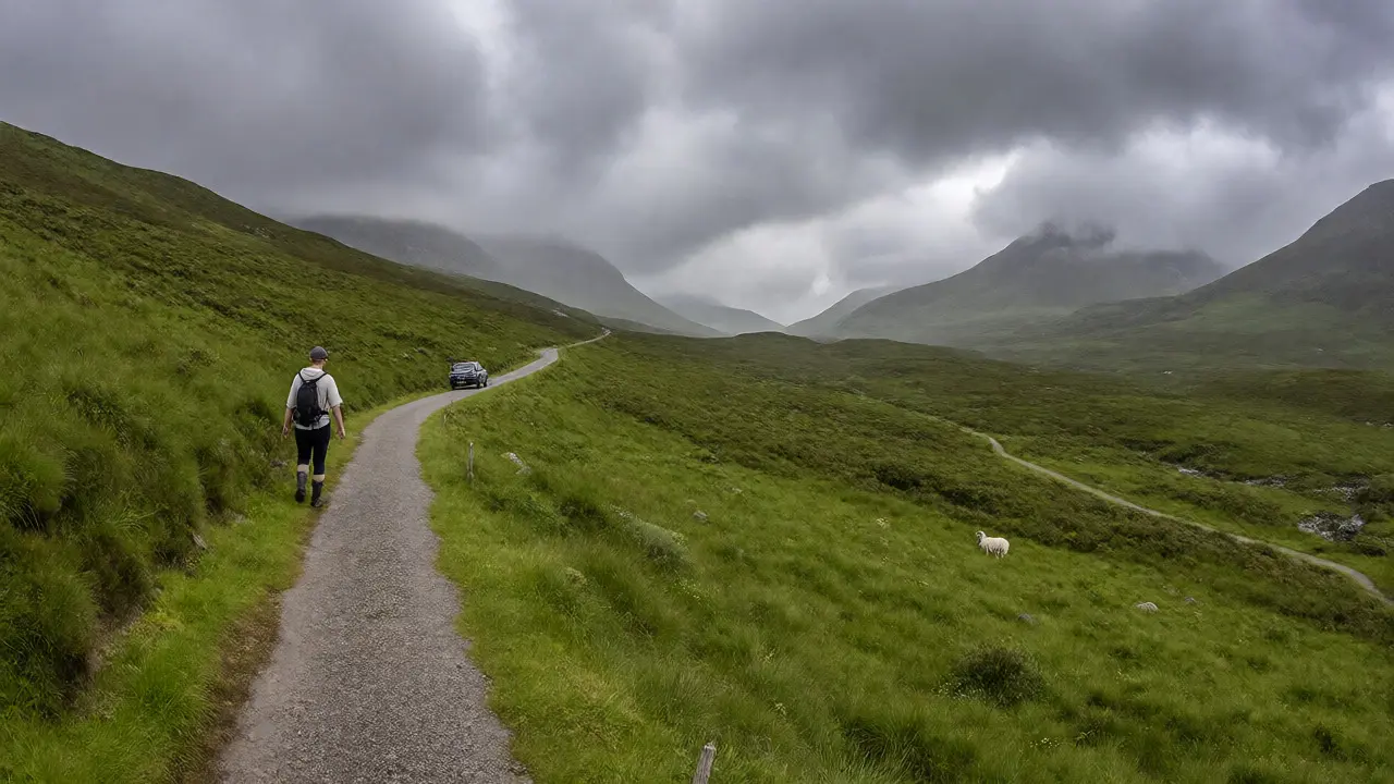 Hiker yielding to a car on a narrow Highland road with sheep nearby.