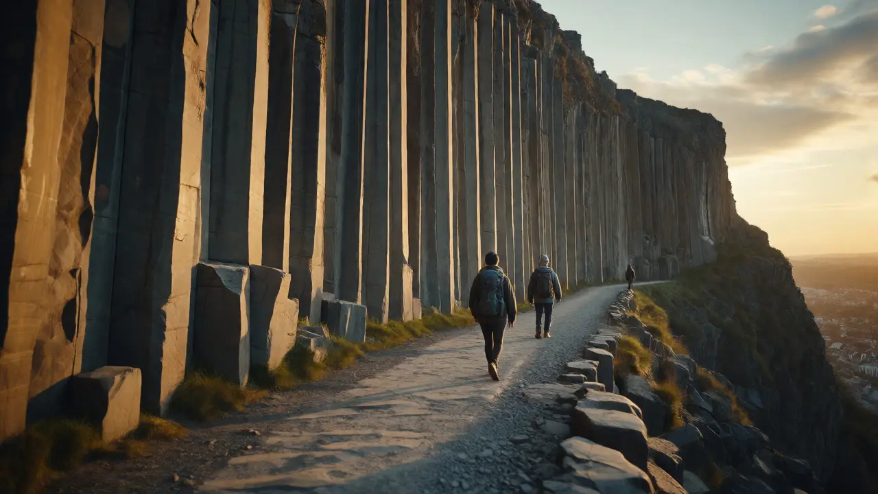 Hikers walking along the Radical Road path beside the towering basalt cliffs of Salisbury Crags.