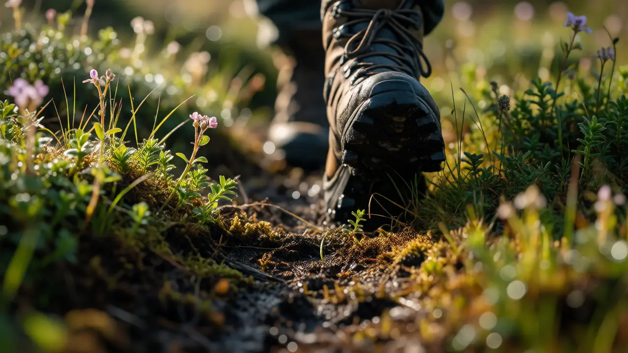 Hiking boots walking carefully on a path through sensitive peatland vegetation