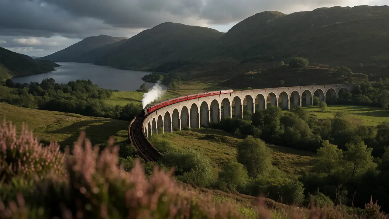 Hilltop view of Glenfinnan Viaduct and Loch Shiel