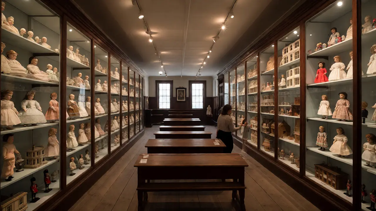 Interior gallery of the Museum of Childhood displaying dolls, dollhouses, and a schoolroom.