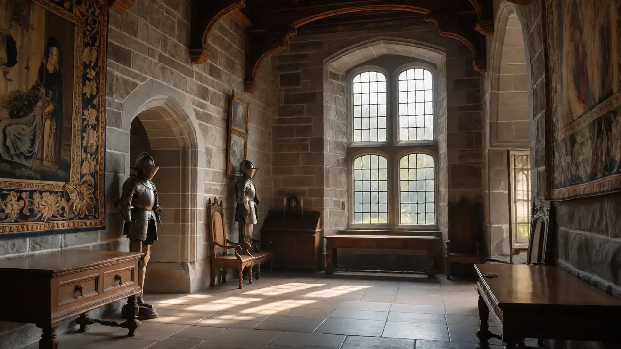 Interior of Fyvie Castle featuring tapestries, armor, and historic stone architecture.