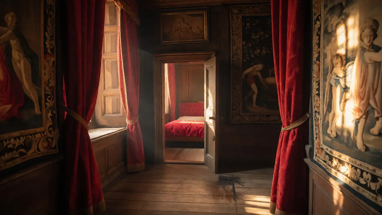 Interior of Mary Queen of Scots' apartments showing rich tapestries and the anteroom where David Rizzio was murdered.