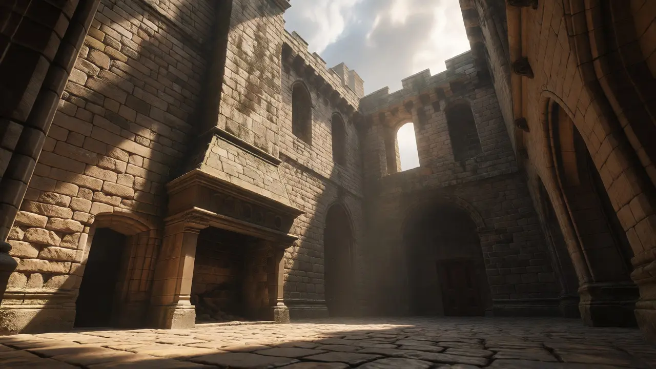 Interior of the roofless Great Hall with high stone walls and sunlight