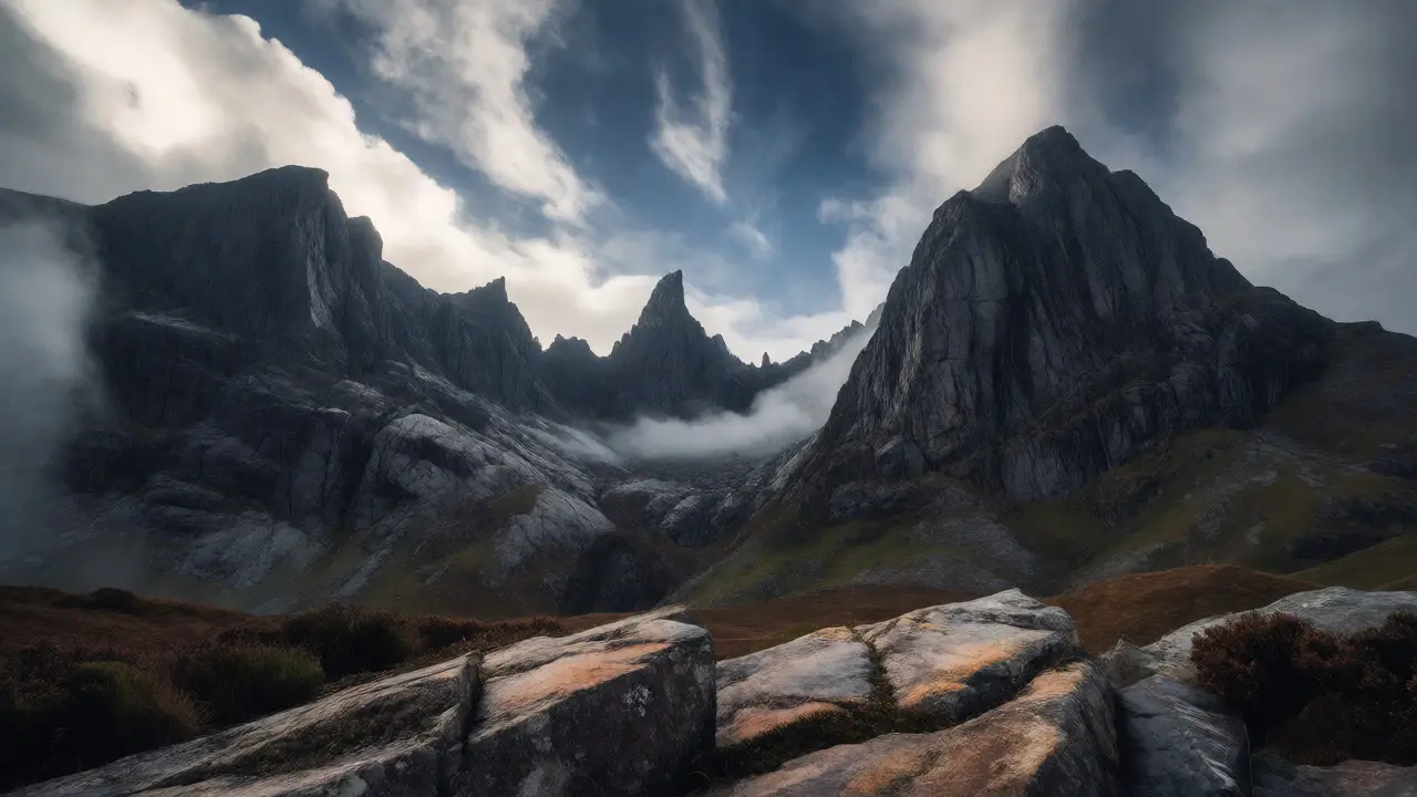 Jagged peaks of Torridon mountains rising through mist and clouds