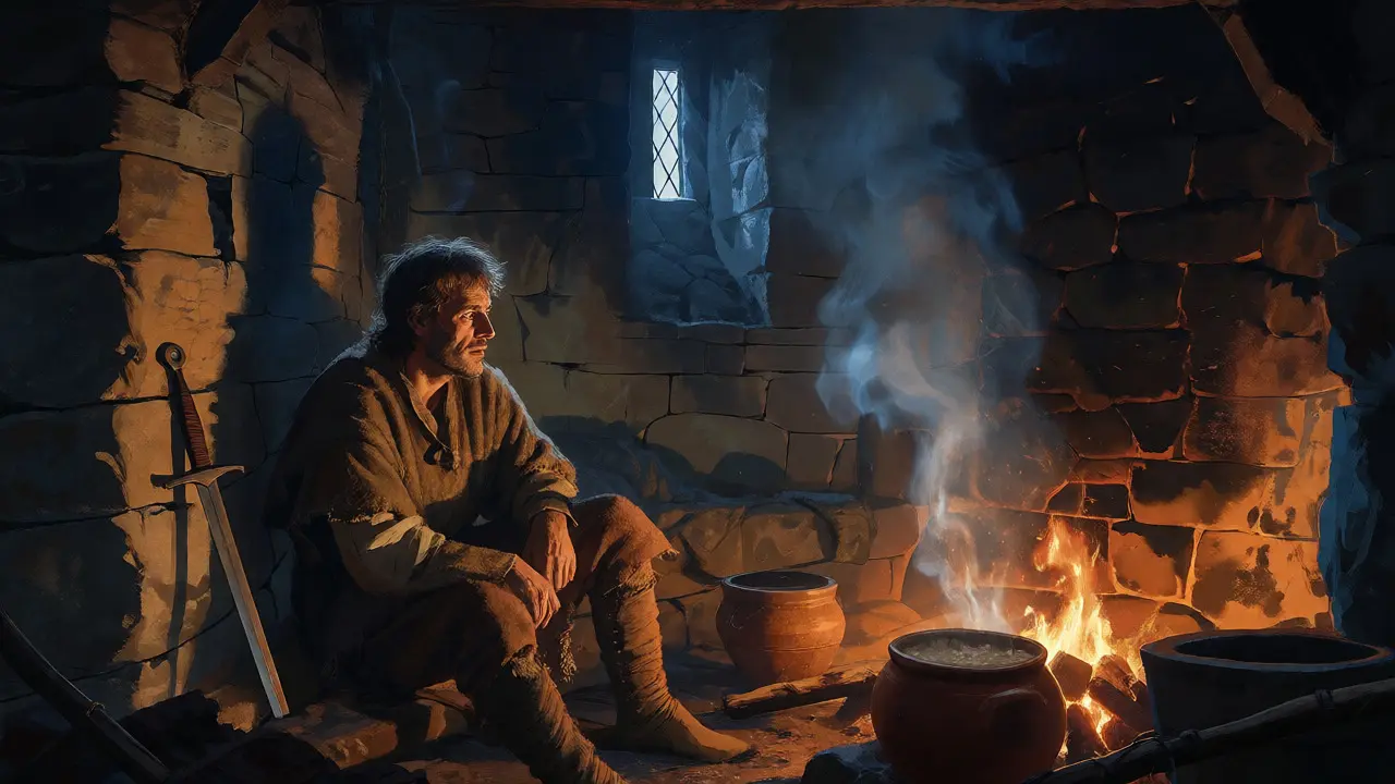 Laird inside a fortified tower house at night
