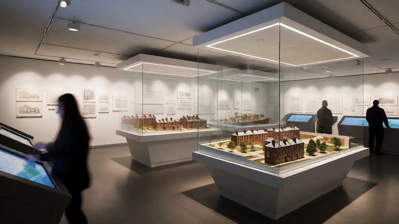 Modern interior exhibition space featuring architectural models and design displays