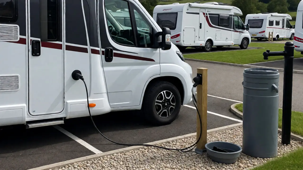 Motorhome at a caravan park with utility hookups