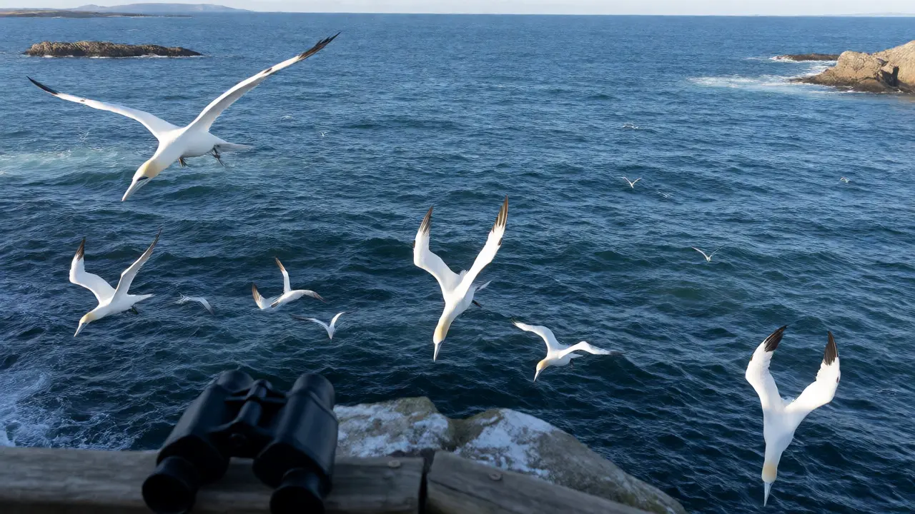 Northern Gannets plunge-diving into the sea near Bass Rock, viewed through binoculars.