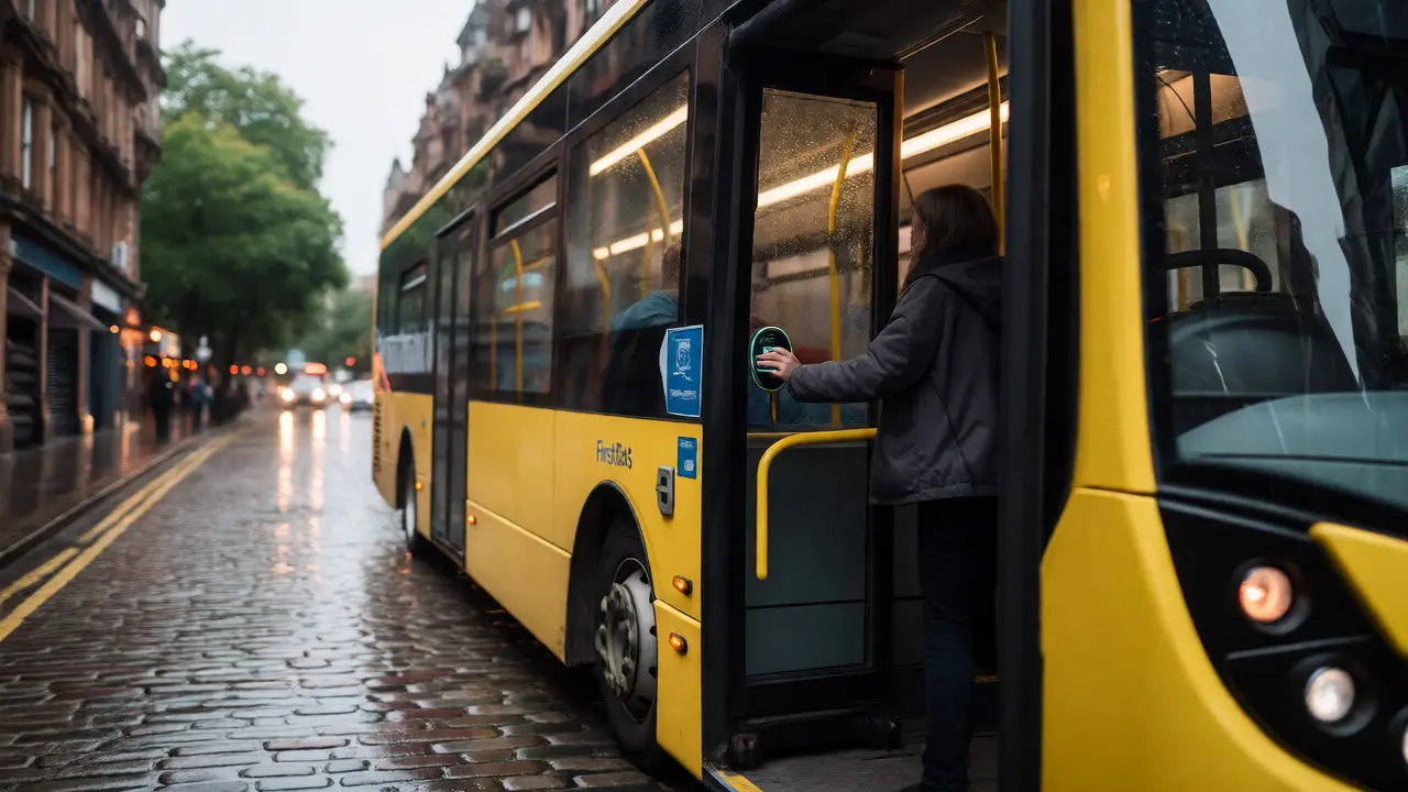 Passenger tapping a contactless card to board a yellow First Bus on a rainy Glasgow street.