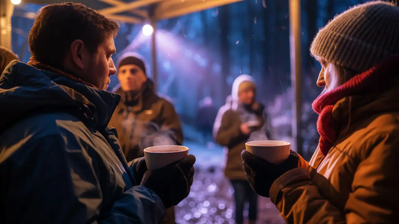 People holding hot drinks near the exit of a light show in cold weather