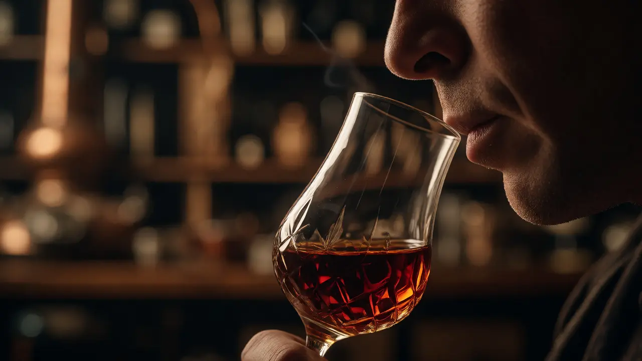 Person gently nosing a glass of dark Scotch whisky with chin tucked near the rim.