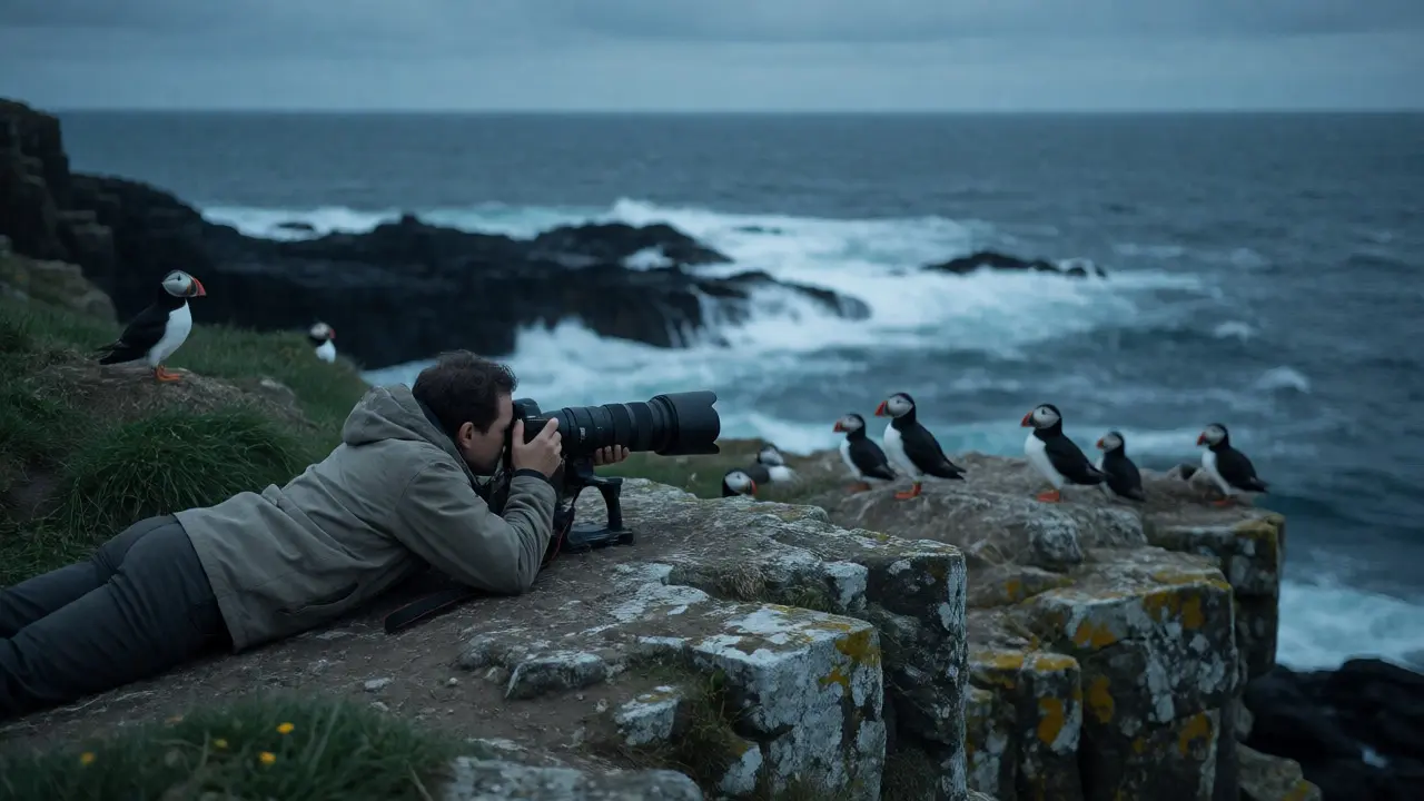 Photographer quietly observing puffins on a rocky Scottish coastal cliff